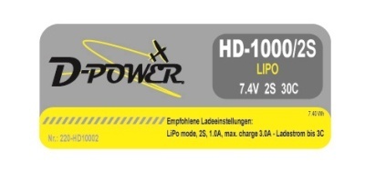 D-Power HD-1000 2S Lipo (7,4V) 30C - mit BEC Stecker