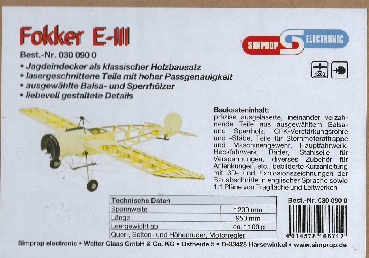 Fokker E.III Holzbausatz  RC-Jagdeindecker
